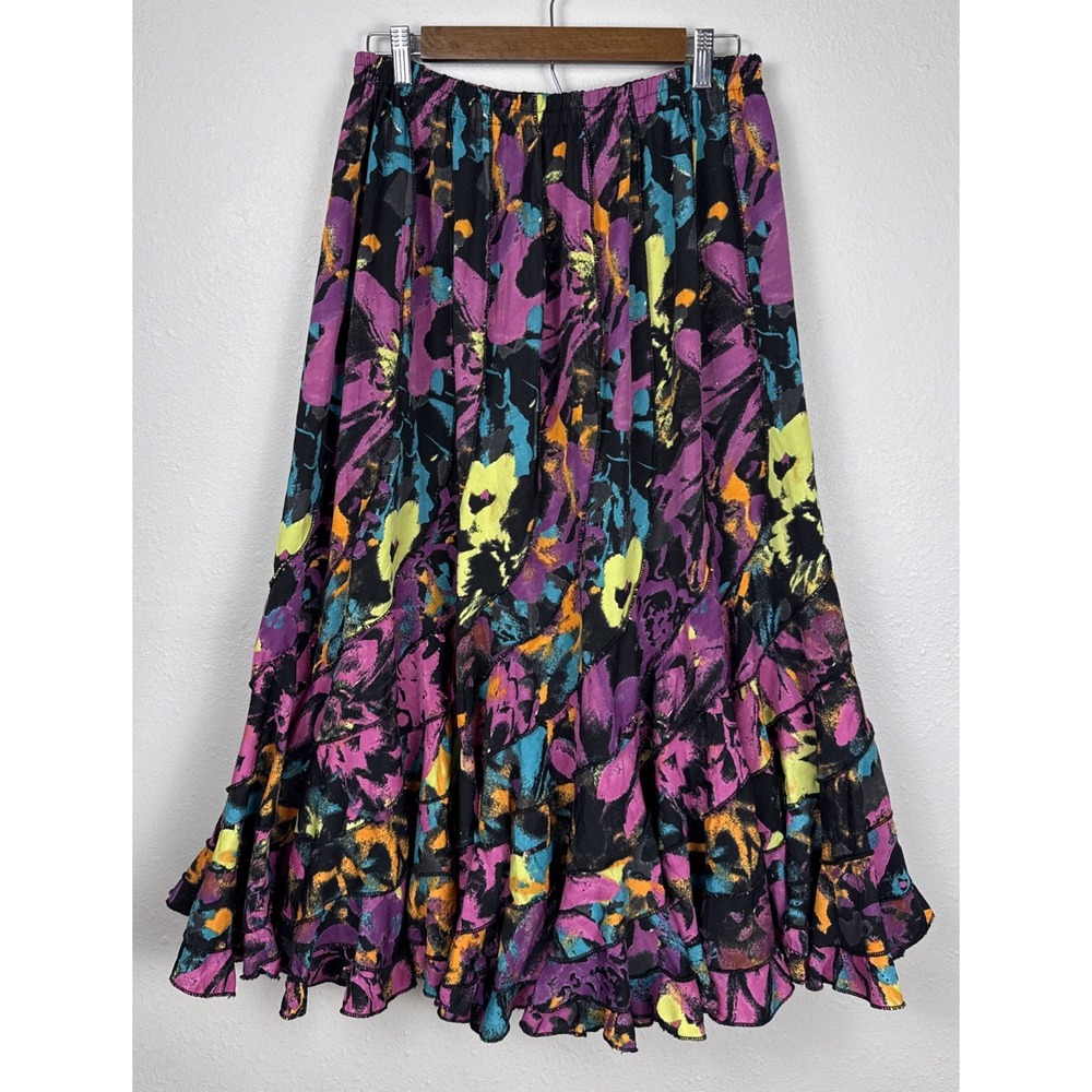 Mix Nouveau Vintage 90s XL Artcore Boho Abstract Floral Ruffle Midi Skirt